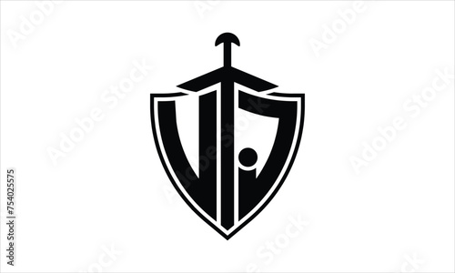 UJ initial letter shield icon gaming logo design vector template. batman logo, sports logo, monogram, polygon, war game, symbol, playing logo, abstract, fighting, typography, icon, minimal, knife logo