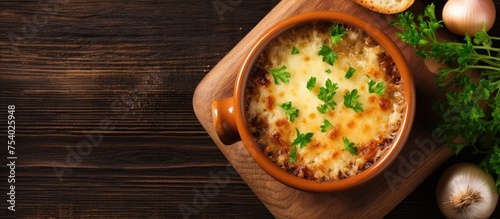 A top-down view of a wooden cutting board holding a piping hot casserole of French onion soup, exuding warmth and delicious aromas. The rich flavors of the dish are enhanced by the rustic appeal of