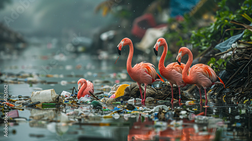 Plastic waste surrounding wild flamingo birds. Environmental pollution by humans.