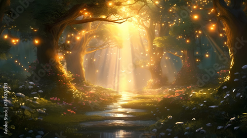 Ethereal twilight scene in a mysterious forest with trees decorated with warm lights