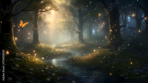 Ethereal twilight scene in a mysterious forest with trees decorated with warm lights