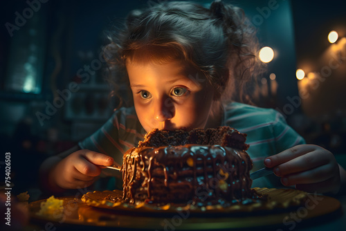 Fat little girl eats a birthday cake, overeating dirty at the table. Generative AI.
