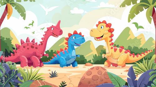 Fototapeta Naklejka Na Ścianę i Meble -  colorful cute dinosaurs in prehistoric scene 