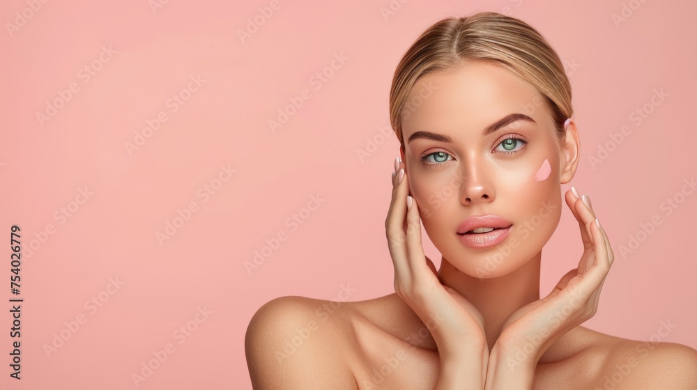 Blonde woman with healthy skin, natural makeup on pastel studio background, space for text Blonde woman with healthy skin, natural makeup on pastel studio background, space for text