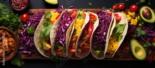 Several tacos filled with fried chicken, greens, mango, avocado, peppers, and red cabbage are arranged neatly on top of a wooden cutting board.