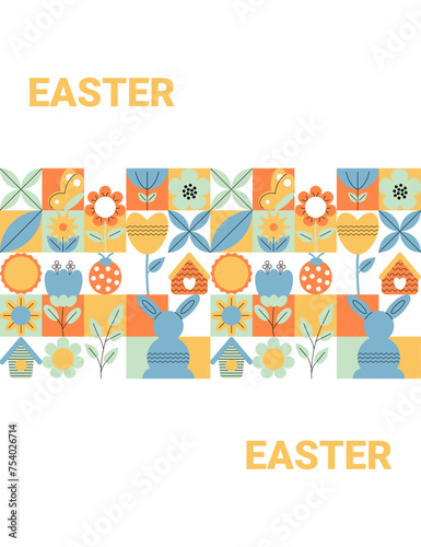 Geometric Easter banner in retro style for holiday design. Spring concept. Trendy card. Flat minimal vector illustration