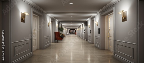 A long hallway is depicted with white walls and a singular red chair placed in the center. The white walls and the red chair create a striking contrast in this minimalist setting.