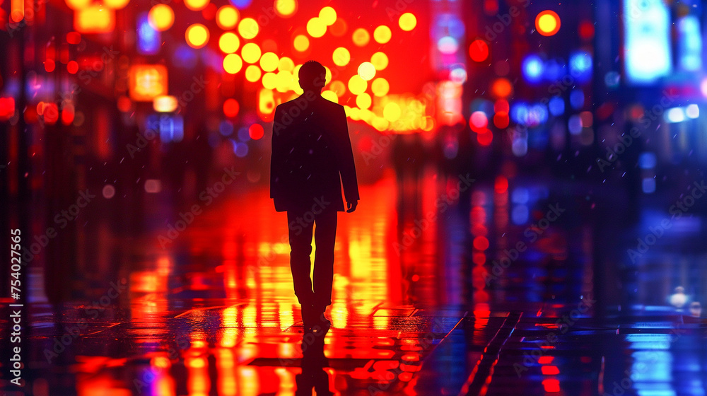 Silhouette of a businessman walking down a city street at dusk the vibrant neon lighting of a bustling market district reflecting off wet pavement