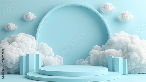 Dreamy cloud background podium display stand in minimalist 3d render for product presentation.