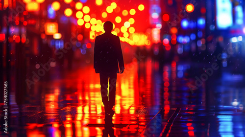 Silhouette of a businessman walking down a city street at dusk the vibrant neon lighting of a bustling market district reflecting off wet pavement
