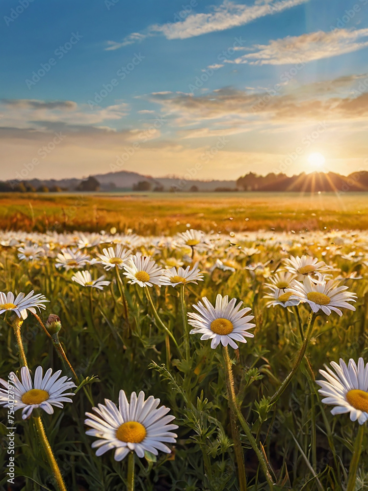 daisy field landscape at sunset
