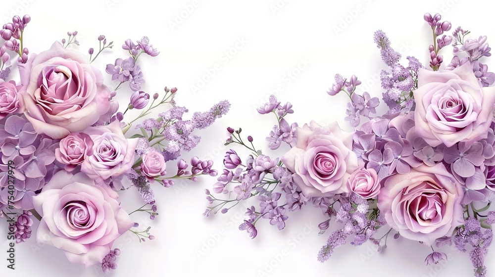 Blooming spring flowers garland of purple roses, sakura and lilac. Label with rose and sacura flowers.,generative ai, 