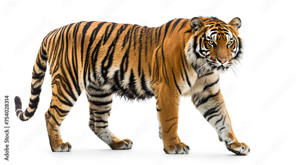 A Tiger walking on isolated background, generative ai