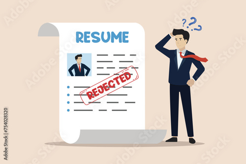 Job application rejected, disqualified or hiring manager rejecting, interview failure concept, sad businessman standing with rejected resume application document.