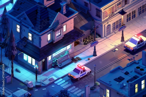 lone police car bathed in the blue glow of a streetlamp sits vigilantly in front of a modern police station at night photo