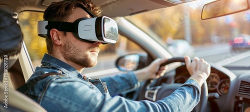 Man in vr glasses takes driving exam in simulator at school, controlling vehicle with steering wheel