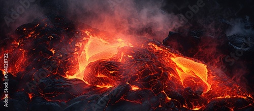 A detailed view showcasing a substantial accumulation of molten lava spilling out of the Kilauea Volcano, demonstrating the intense heat and destructive force of nature.