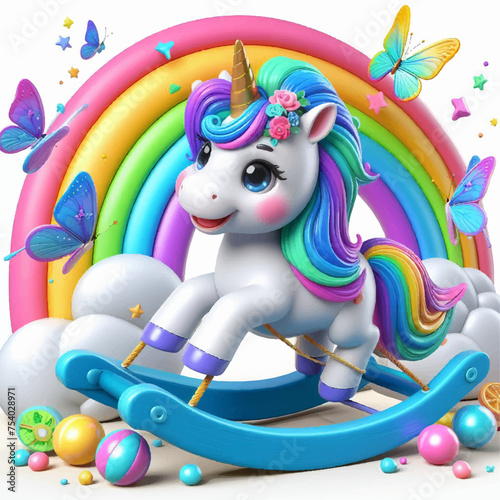 3D illustration of a happy unicorn on a rocking horse.