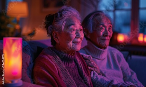 An elderly couple, wrapped in warm light and knits, shares a contemplative moment, their faces telling stories of a lifetime together