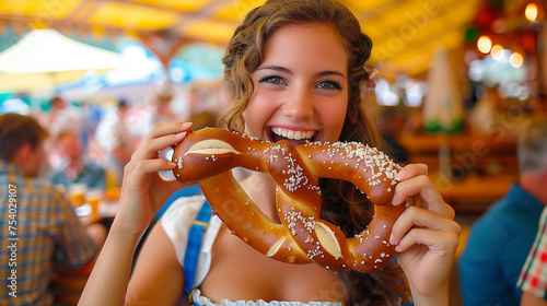 Beautiful woman wearing a Dirndl and eating a pretzel at Oktoberfest.