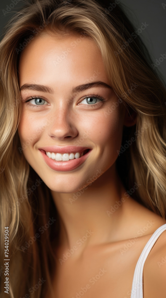 The beautiful smile on the face of a Caucasian female model with smooth, light brown radiant skin, an evenly glowing face, and bright eyes The beautiful smile on the face of a Caucasian female model with smooth, light brown radiant skin, an evenly glowing face, and bright eyes