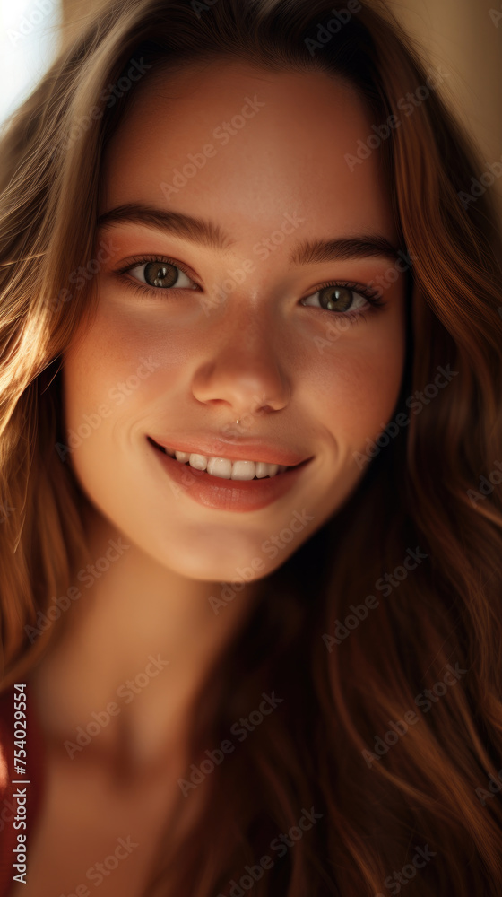 The beautiful smile on the face of a Caucasian female model with smooth, light brown radiant skin, an evenly glowing face, and bright eyes The beautiful smile on the face of a Caucasian female model with smooth, light brown radiant skin, an evenly glowing face, and bright eyes