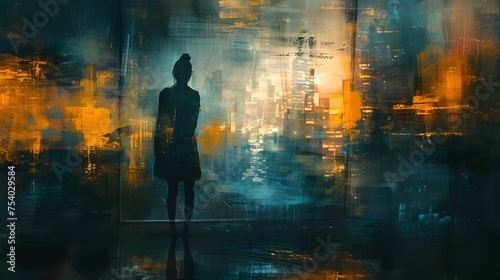 Mysterious Silhouette of a Woman Amidst Cityscape at Dusk in Digital Oil Painting Style