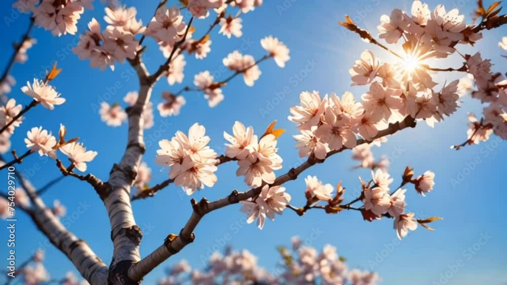 tree blossom with clear blue sky, sun shining very bright tree blossom with clear blue sky, sun shining very bright