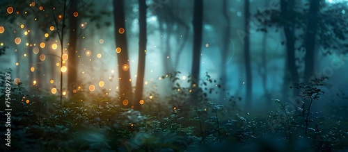 Twilight Mystical Forest with Fireflies Creating Ethereal Atmosphere