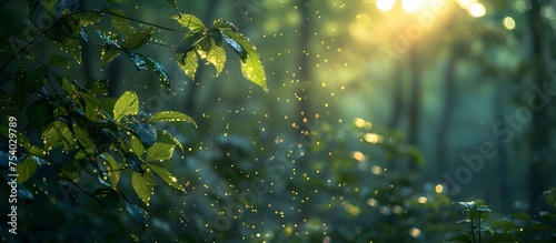 Sunlight Filtered Forest Serenity with Glowing Fireflies
