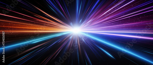 Retro abstract hyperspace warp flash motion in purple glowing light lines blue star trails Depth of Field 3d illustration created with Generative AI Technology