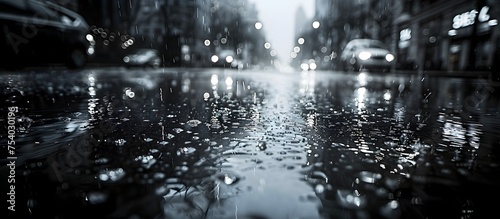Rainy Street Reflections in Black and White, To provide an evocative and dramatic background for a video or website, conveying a sense of solitude,