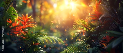 Sunlit Tropical Jungle Exotic Plants and Flowers with Bokeh Effect at Sunset