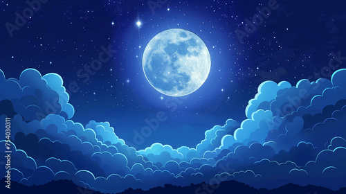 full moon  stars  and clouds on the dark midnight sky. Night sky scenery 