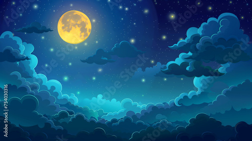 full moon stars and clouds on the dark midnight sky. Night sky scenery 