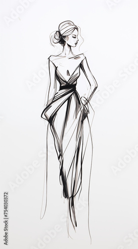 Fashion model simple line sketch - black ink minimalist drawing - chic runway pose visual.