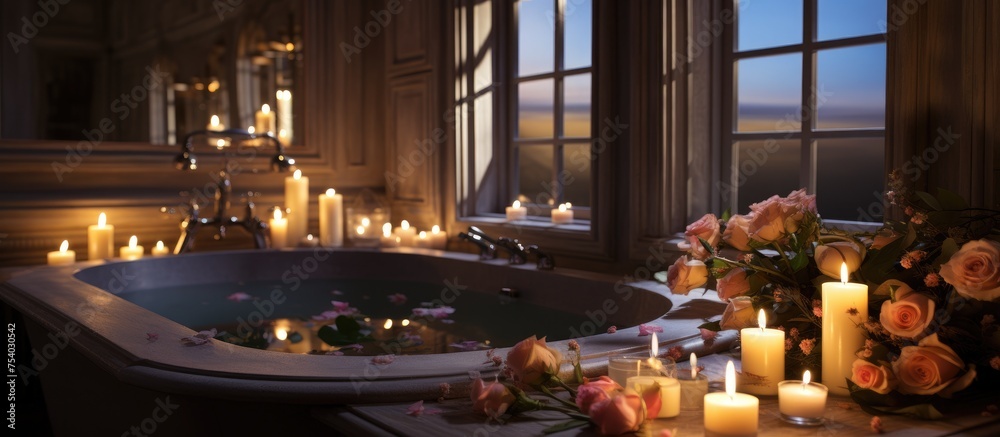 A bathtub in a luxurious bathroom is filled with water and adorned with flickering candles and delicate flowers, creating a serene and indulgent atmosphere.