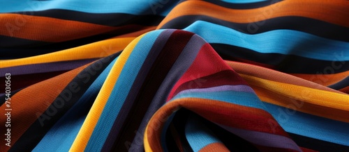 This close-up showcases a vibrant and visually appealing multicolored striped fabric. The intricate patterns and bold colors create a captivating visual display.