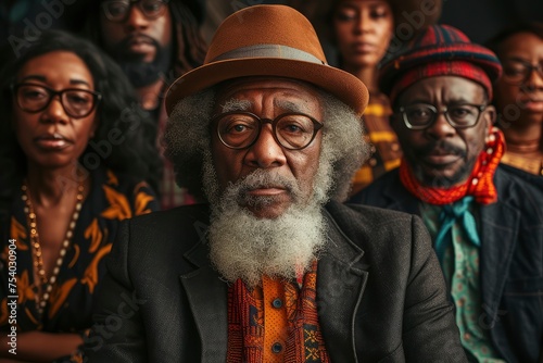 A distinguished elderly African man in a hat stands out in a group dressed in vibrant traditional African attire. generative ai