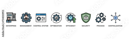 Industrial control system banner web icon illustration concept with icon of enterprise, management, control system, optimization, efficiency, security, process, centralization	