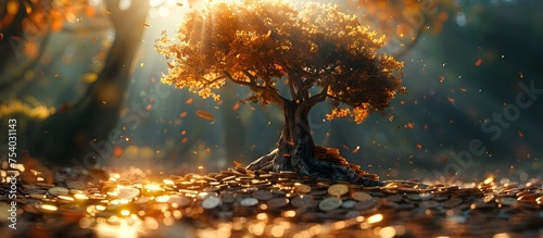 Golden Tree Thriving on a Bed of Coins Basking in Autumn Sunlight