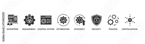 Industrial control system banner web icon illustration concept with icon of enterprise, management, control system, optimization, efficiency, security, process, centralization	
