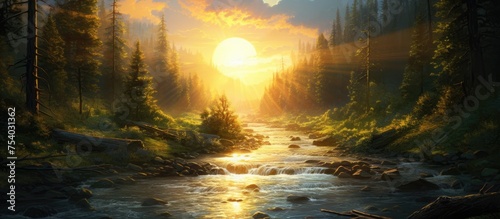 The radiant sun is gracefully sinking below the horizon, casting a warm golden glow over the tranquil river. The water reflects the vivid colors of the sky, creating a stunning scene of natures beauty