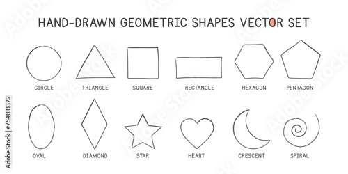 Super simple geometric shapes hand-drawn style vector design. Circle, triangle, square, rectangle, hexagon, pentagon, oval, diamond, star, heart, crescent, spiral. 2D shapes simple doodle drawings