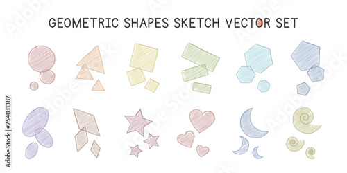 Super simple geometric shapes sketch style vector design. Circle, triangle, square, rectangle, hexagon, pentagon, oval, diamond, star, heart, crescent, spiral. 2D shapes simple doodle drawings