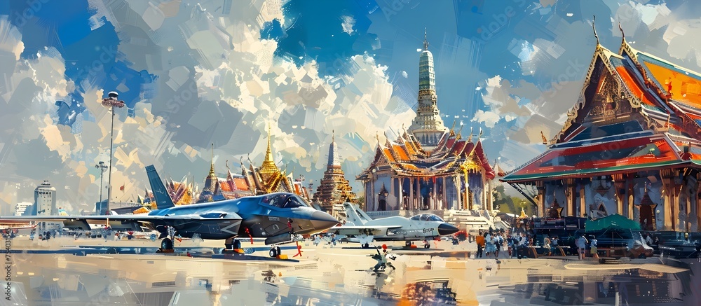 Naklejka premium Fighter Jet at Bangkoks Grand Palace Realistic Oil Painting Illustration