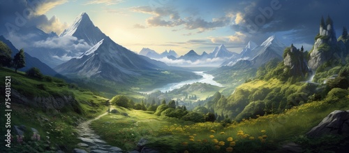 A painting depicting a majestic mountain scene with a winding path leading down to a valley. The mountains rise tall and rugged against the sky, while the path invites viewers to journey towards the
