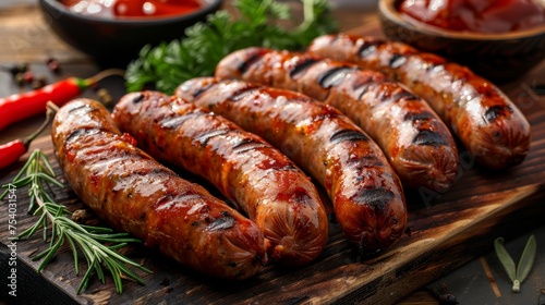 Delicious bbq dinner with perfectly grilled sausages on clean table realistic food photography