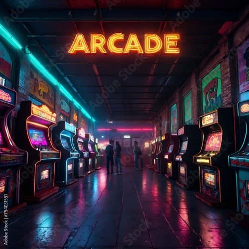 Old-school arcade, players at game machines