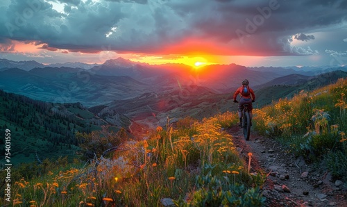 mountain biker riding at sunset, golden light illuminating the grassy hillside, with expansive views of distant mountains © krissanee